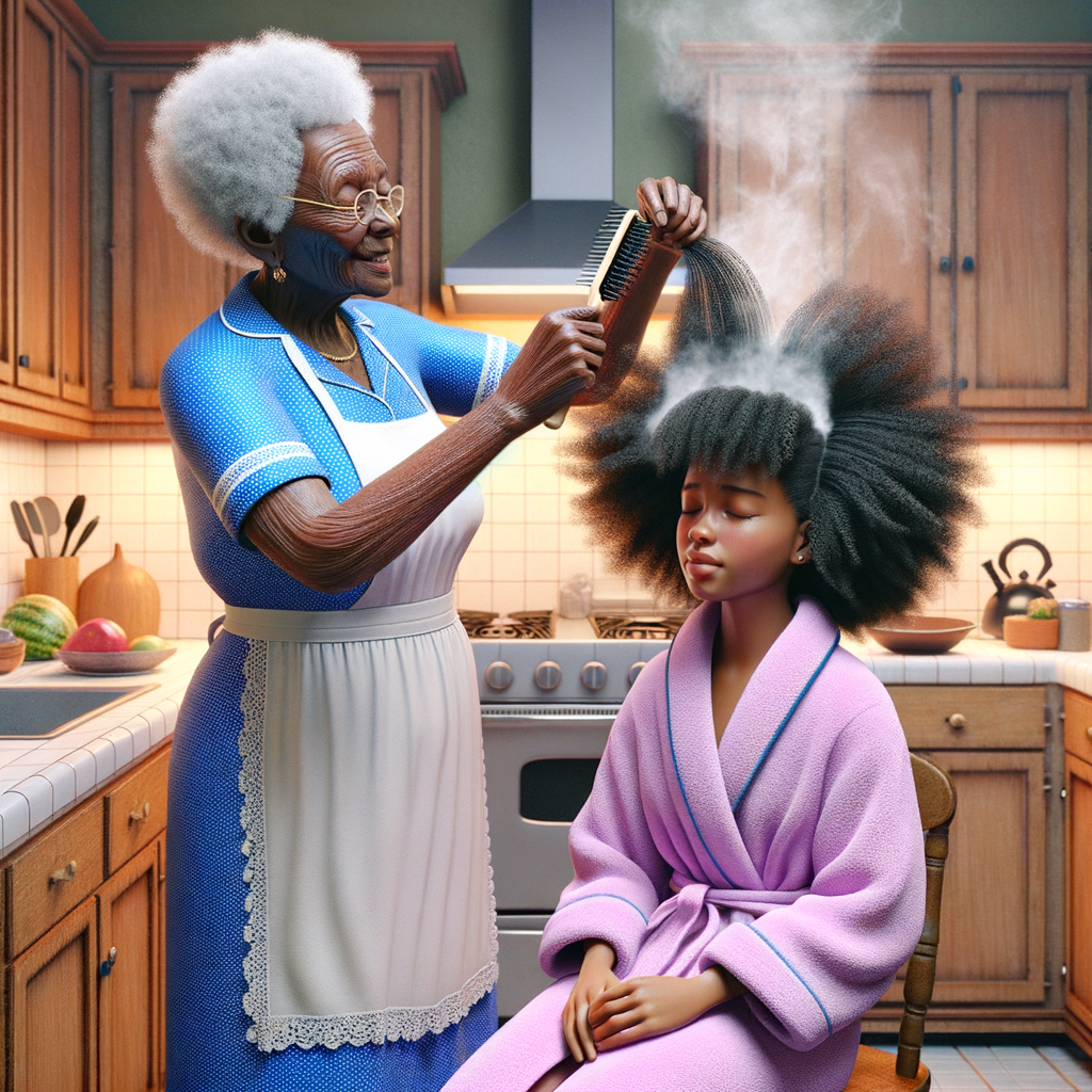 Create a realistic 3-D image of an african-American grandmother wearing a blue house dress and a white apron . She is in the kitchen with her african-American granddaughter. Her granddaughter is wearing a pink bath robe. The grandmother has a hot comb in her hand and she is straightening her granddaughters hair. One side of her granddaughters hair is in  a Afro the other straight 
There is smoke coming from the hot comb
The granddaughter is making a face