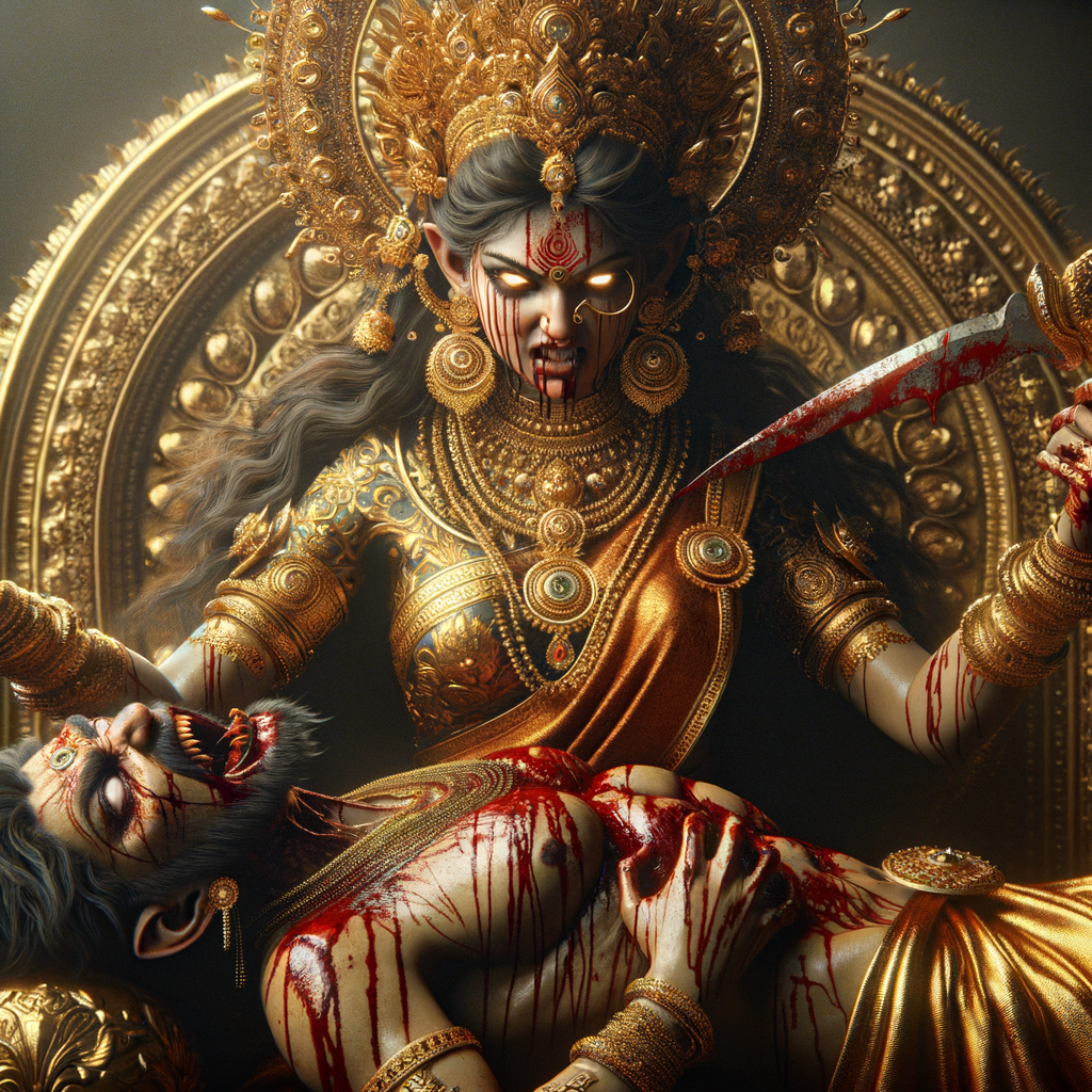 Close up portrait of angry looking goddess durga sitting on a gold crown and carrying a weak mahishasur on her lap and she is stabbing his belly  with her amazingly long fingernails. She is wearing gold armor, a huge gold crown, gold saree, abundant  gold jewelry, covered in blood. The scene is set in ancient India. The image is 8K resolution, photography, cinematic, ultra detailed face and epic