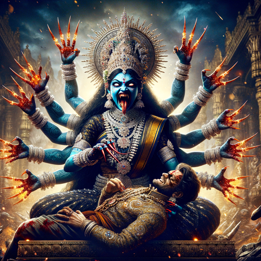 portrait of angry looking, four-armed indian goddess blue skinned sitting on a gold crown and carrying a weak mahishasur on her lap and poking his abdomen with her amazingly long red fingernails . She is wearing diamond armor, a huge diamond crown, black saree, abundant  diamond jewelry, covered in blood. The scene is set in ancient India. The image is 8K resolution, cinematic, photography, ultra detailed face and epic.