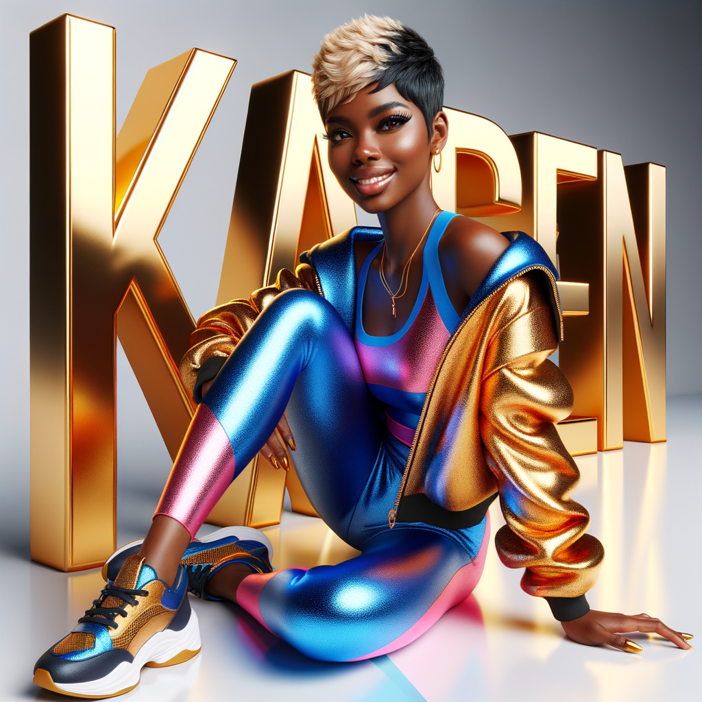 3D writing name "KAREN" bold glossy gold. There is a beautiful African-American latino woman, smiling with a black and blonde pixie cut hairdo,blue and gold trendy jacket and outfits in blue, pink, and gold tones, sport shoes, sitting under the name. Her outfits are glossy. dynamic color explosion background, of pink, blue, gold colors, splashed on white wall