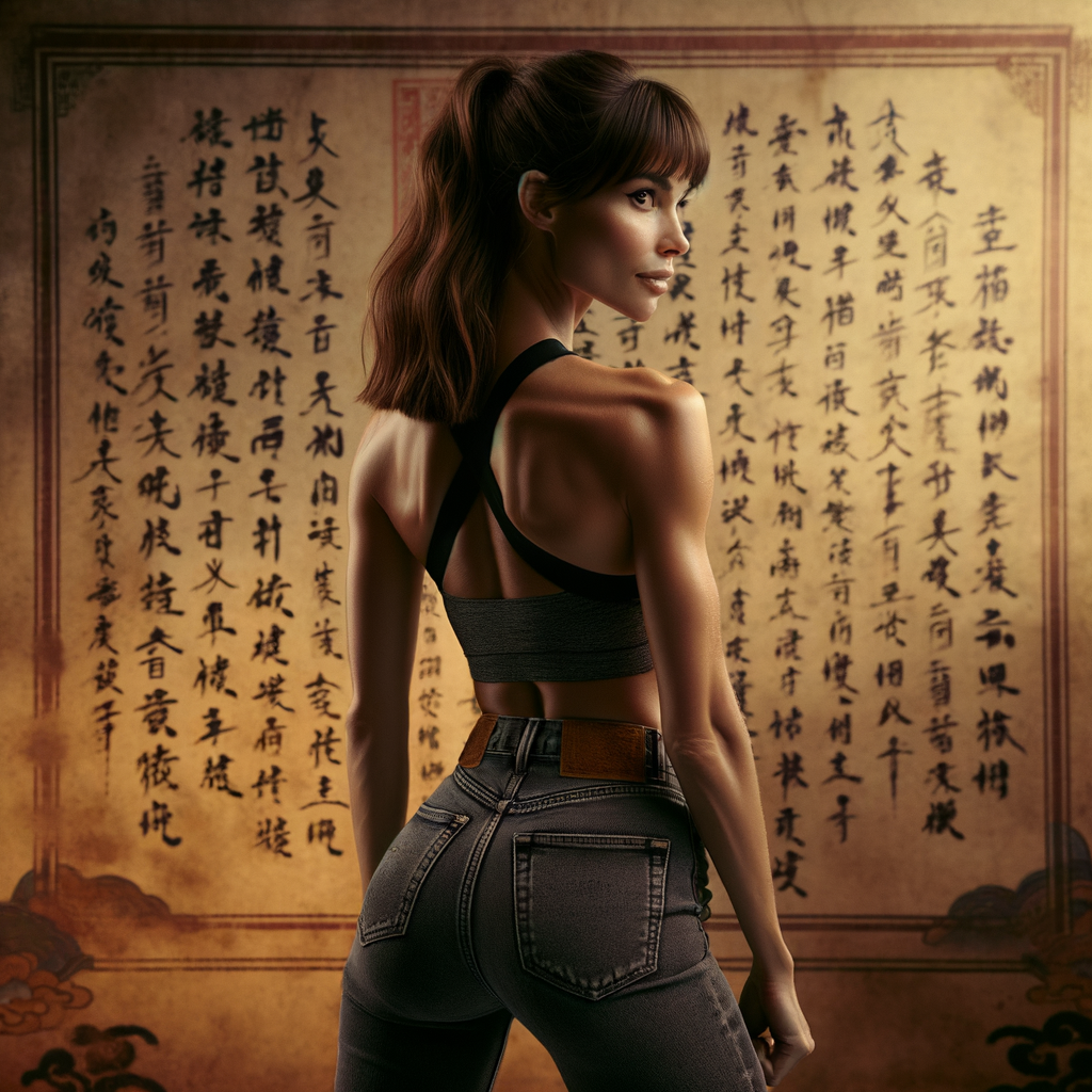 Athletic Thin skinny Attractive, Asian teenage girl, long brown hair and bangs, wearing tight skinny jeans and a halter top paint marks on her clothing, heroic pose Asian graffiti background, backside view