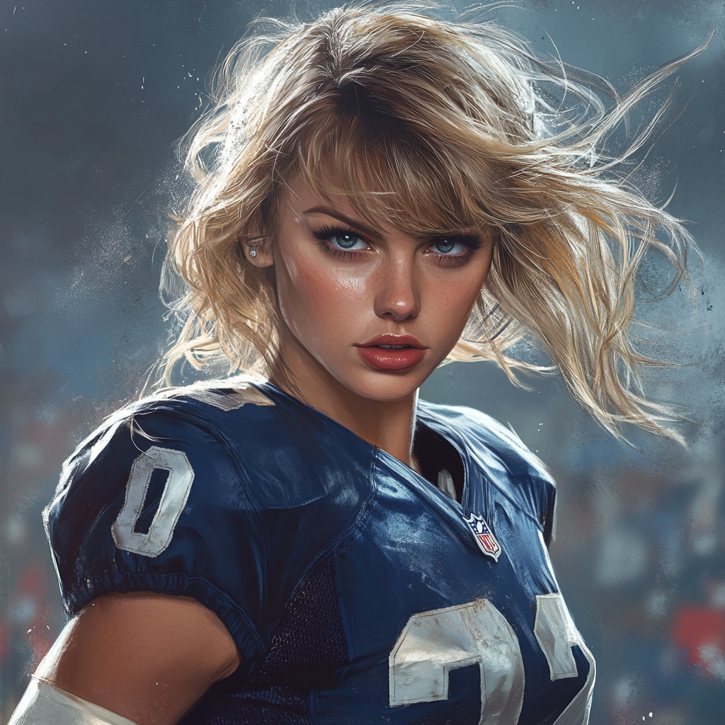 Taylor Swift  NFL player, picture in action, in GTA art style, even image with contours