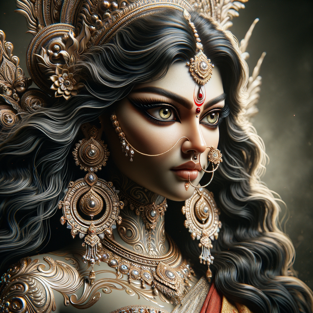 Side view portrait of gorgeous and angry goddess durga. intricately detailed depiction of a goddess. gold jewelry all over body. sharp nose, light skin, beautiful brown eyes, wavy black hair, ultra detailed face. Wearing red saree, a lot of ear piercings, uhd, hdr, 64k, epic scene. Photography, ultra detailed face, epic, 8K