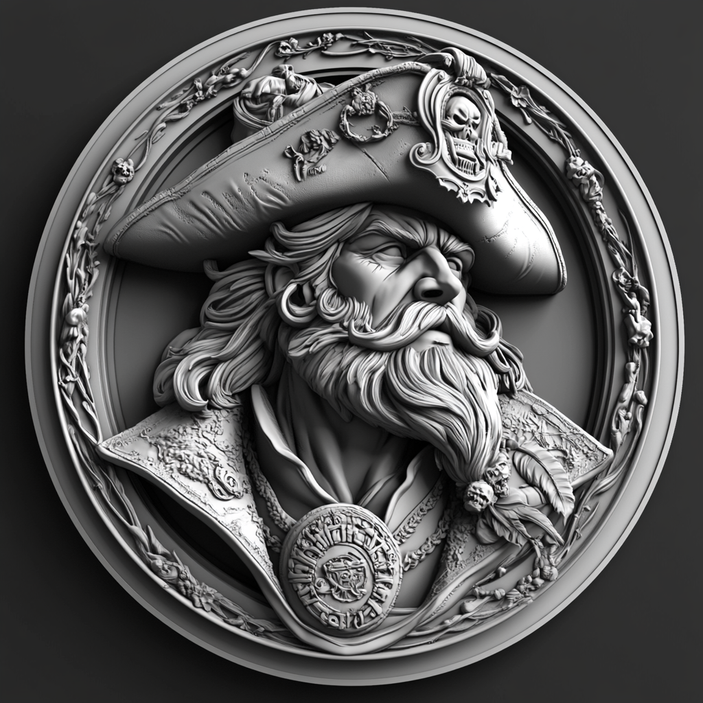 Design a high-contrast grayscale 3d bas relief of captain crunch, The composition should be circular like a coin emblem, designed for CNC routing with balanced lighting to accentuate fine details, sharp edges, and distinct textures. Employ deep shadows and strong highlights to define planes and surfaces clearly.