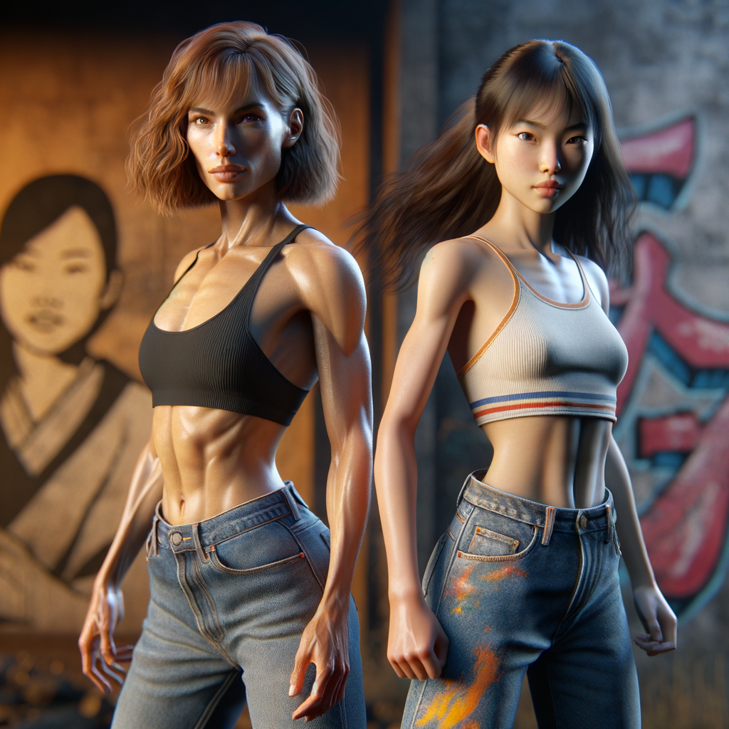 Athletic Thin skinny Attractive, Asian teenage girl, long brown hair and bangs, wearing tight skinny jeans and a halter top paint marks on her clothing, heroic pose Asian graffiti background, side view