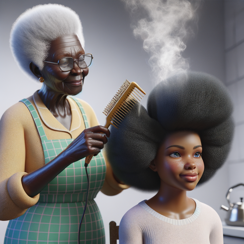 Create a realistic 3-D image of an african-American grandmother in the kitchen with her african-American granddaughter. The grandmother has a hot comb in her hair and she is straightening her granddaughters hair. One side of her granddaughters hair is in  a Afro the other is bone straight 
There is smoke coming from the hot comb