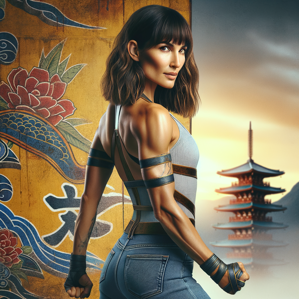 Athletic Thin skinny Attractive, Asian teenage girl, long brown hair and bangs, wearing tight skinny jeans and a halter top paint marks on her clothing, heroic pose Asian graffiti background, backside view