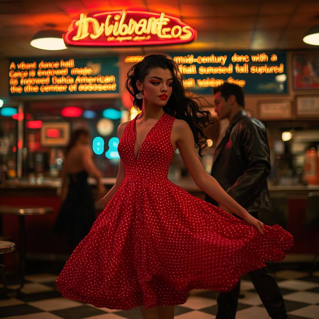 “A vibrant mid-century dance hall scene captured with a Canon EOS R5 and a 50mm f/1.2 lens. the image is focused on Dahlia Valentina fit tall supple well endowed tanned Italian American model (DahliaValentina_ai) stands in the center of a 1950s rockabilly dance, spinning in a bright red polka-dot dress with a fitted bodice and a flared skirt that lifts as she twirls. Her long wavy black hair is tied up with a matching headscarf, and she wears classic cat-eye eyeliner with a bold red lip. She dances with a charming partner dressed in a leather jacket and cuffed jeans, both caught mid-motion in a lively jitterbug step. The neon signs glow behind them, casting warm reflections on the checkered dance floor. The energy of the crowd, jukebox music, and the flickering of retro diner lights add to the nostalgic atmosphere. The composition follows dynamic angles, emphasizing movement and vintage allure.”