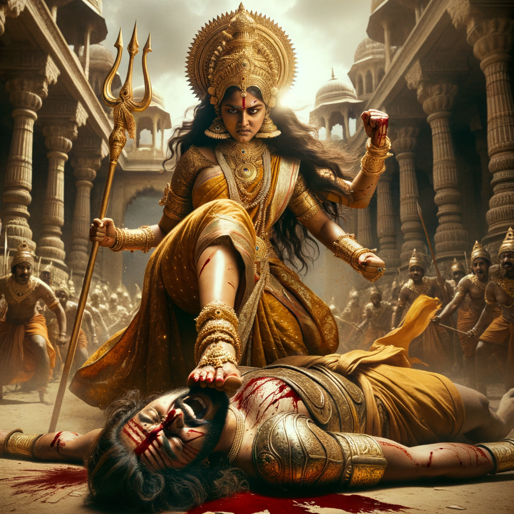 portrait of angry looking, indian goddess trampling a defeated mahishasur with her foot, while he is lying on the ground, she has a trident in her hand. She is wearing gold armor, a huge gold crown, gold saree, abundant  gold jewelry, covered in blood. The scene is set in ancient India. The image is 8K resolution, cinematic, photography, ultra detailed face and epic.