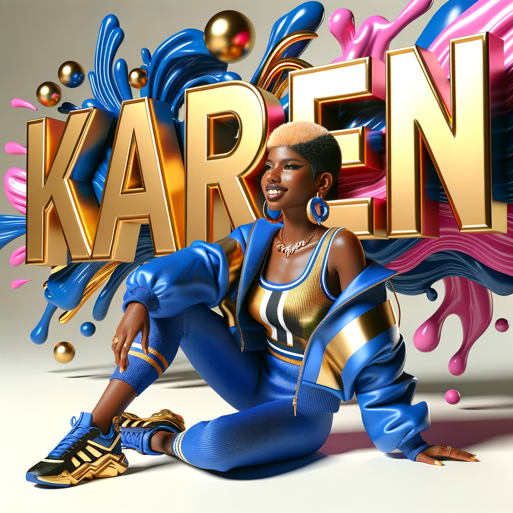 3D writing name "KAREN" bold glossy gold. There is a beautiful African-American latino woman, smiling with a black and blonde pixie cut hairdo,blue and gold trendy jacket and outfits in blue, pink, and gold tones, sport shoes, sitting under the name. Her outfits are glossy. dynamic color explosion background, of pink, blue, gold colors, splashed on white wall