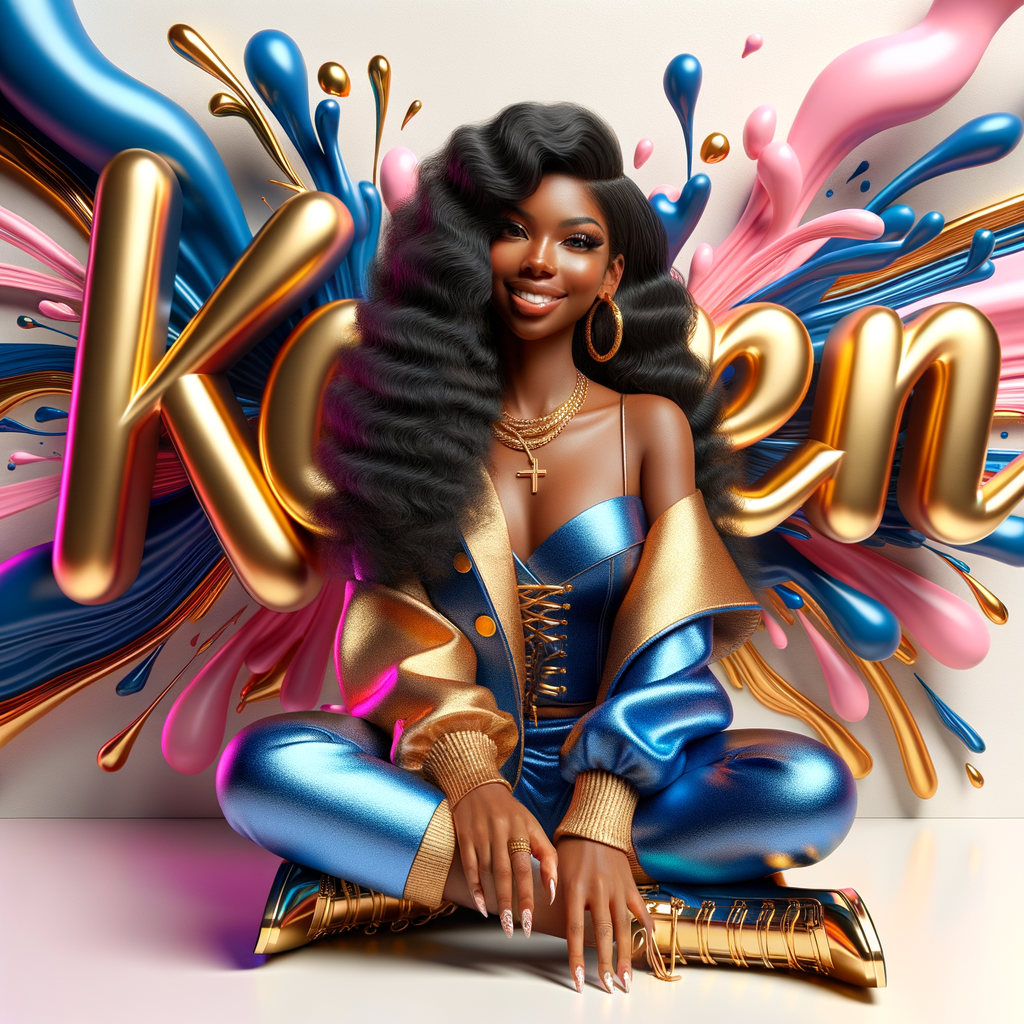 3D writing name "KAREN" bold glossy gold. There is a beautiful African-American latino woman, smiling with long black, wavy hair,, blue and gold trendy jacket and outfits in blue, pink, and gold tones, sport shoes, sitting under the name. Her outfits are glossy. dynamic color explosion background, of pink, blue, gold colors, splashed on white wall