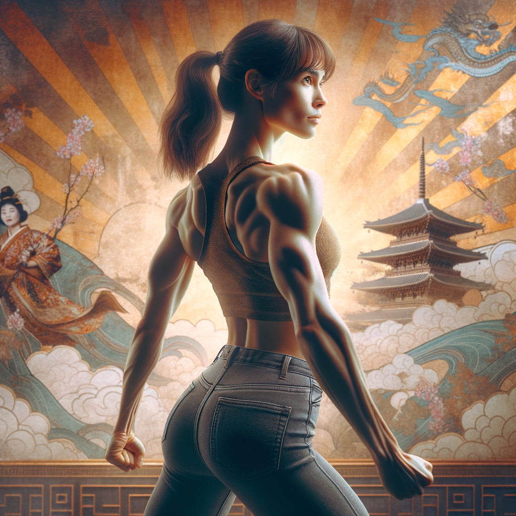 Athletic Thin skinny Attractive, Asian teenage girl, long brown hair and bangs, wearing tight skinny jeans and a halter top paint marks on her clothing, heroic pose Asian graffiti background, backside view