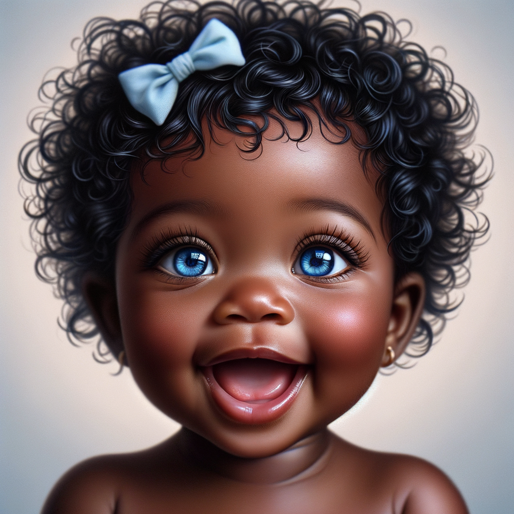 "Create a digital portrait of an adorable african-American baby girl with a joyful expression. Her big, bright blue eyes are wide with wonder, and her tiny mouth is shaped in a happy grin. Her skin has a warm, honey-brown tone, and she has an abundance of curly black hair, playfully tied up with light blue bows. The background is soft and neutral to keep the focus on her delightful features. The portrait should be vibrant and heartwarming, celebrating the innocence and charm of childhood."