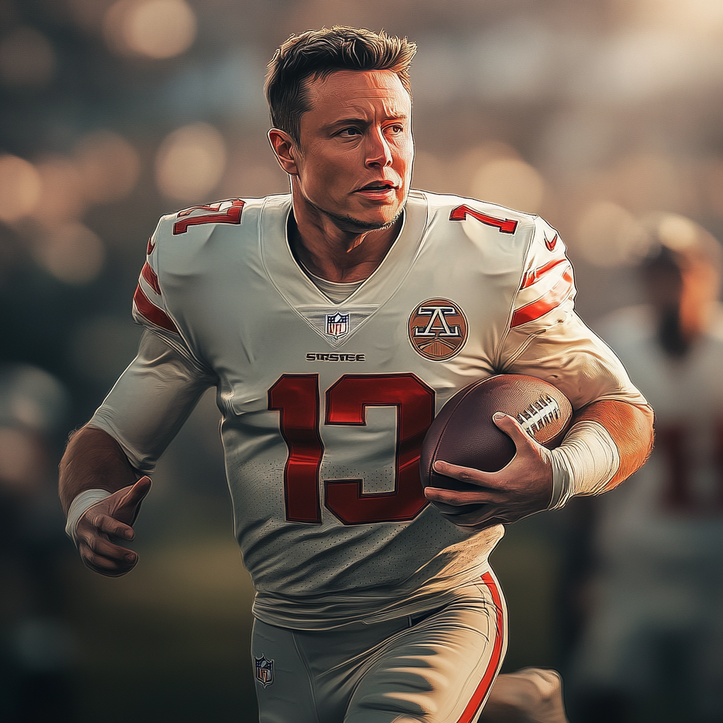 Elon Musk NFL player, there are many players around on the football field, the picture is in motion, gta art style