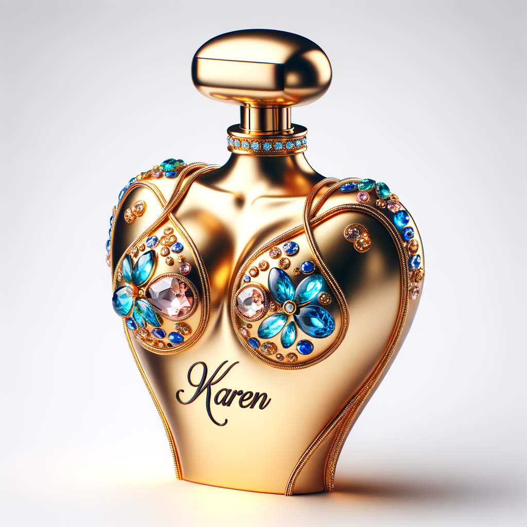 Create a 3-D realistic gold and  blue, colorful jewels perfume bottle
In the shape of a women’s body with the name Karen