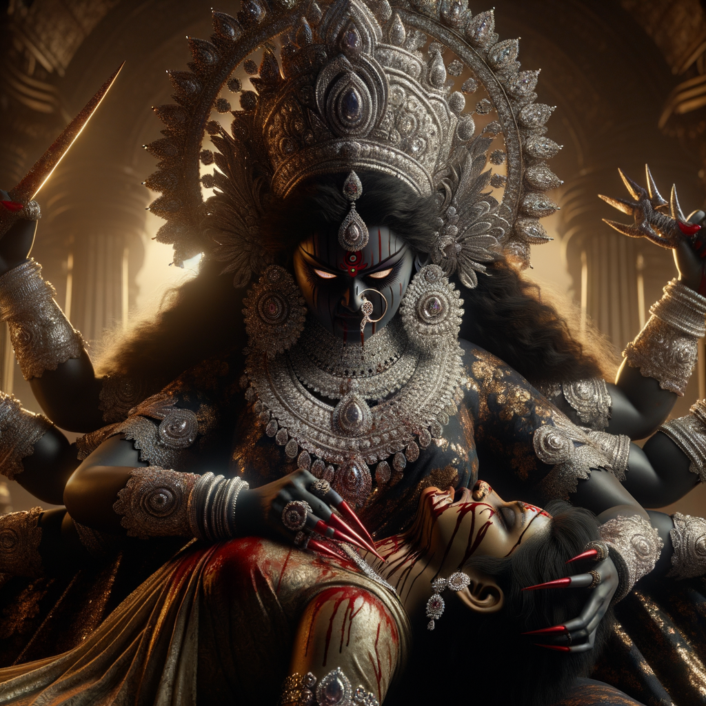 portrait of extremly angry looking goddess durga, black skinned, sitting on a gold crown and carrying a weak mahishasur on her lap and stabbing him with her amazing long red finger nails. She is wearing diamond armor, a huge diamond crown, black saree, abundant diamond jewelry, covered in blood. The scene is set in ancient India. The image is 8K resolution, cinematic, ultra detailed face and epic.