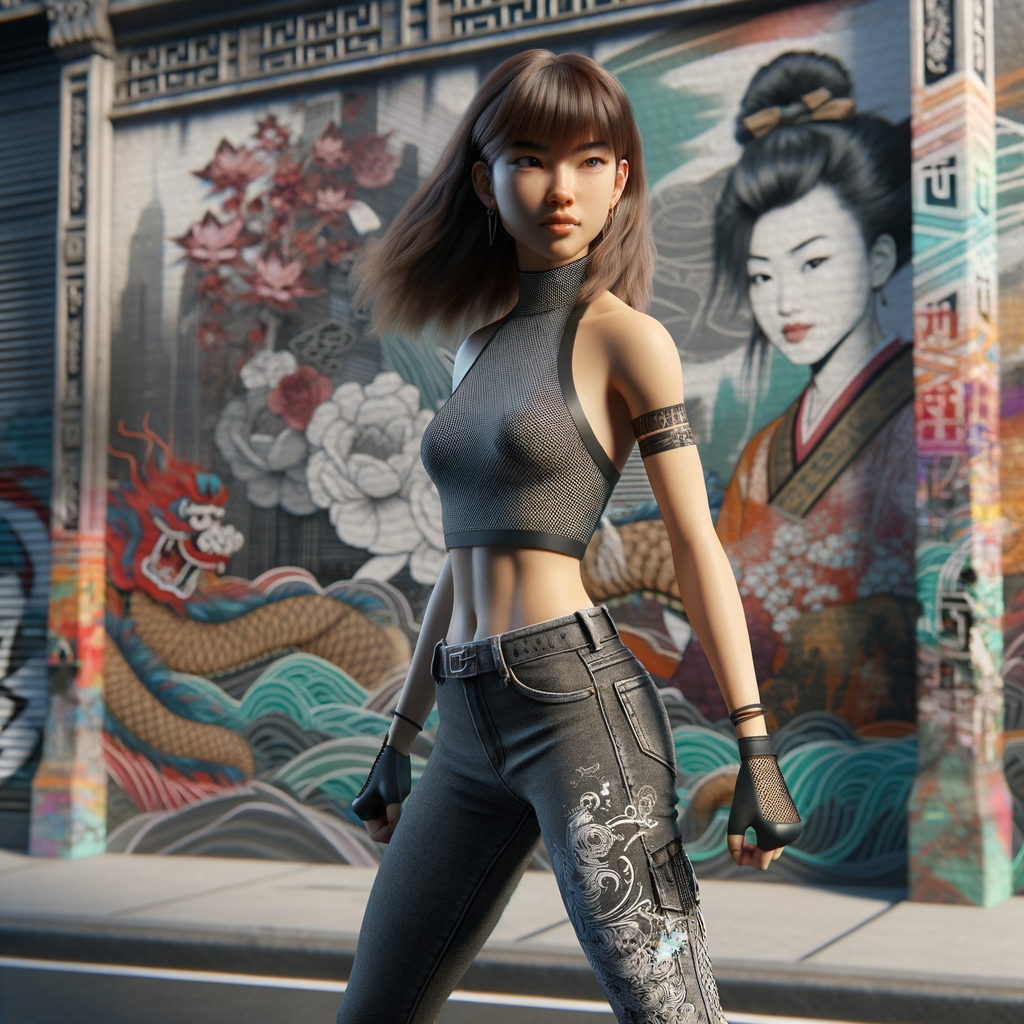 Athletic Thin skinny Attractive, Asian teenage girl, long brown hair and bangs, wearing tight skinny jeans and a halter top paint marks on her clothing, heroic pose Asian graffiti background, backside view