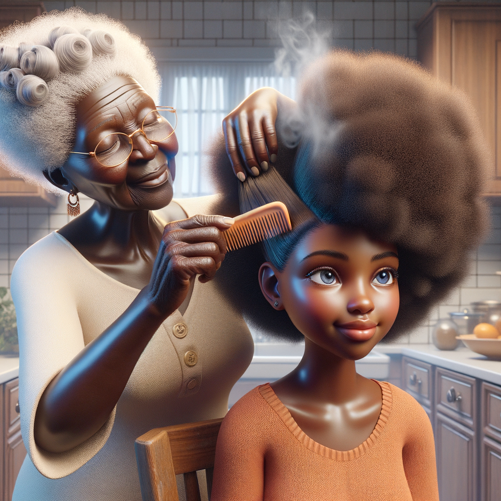 Create a realistic 3-D image of an african-American grandmother in the kitchen with her african-American granddaughter. The grandmother has a hot comb in her hair and she is straightening her granddaughters hair. One side of her granddaughters hair is in  a Afro the other is bone straight 
There is smoke coming from the hot comb