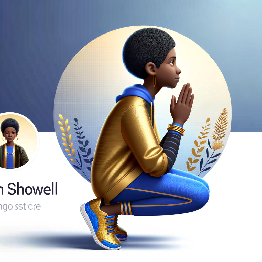 Create a 3D illustration of a realistic light skinned African-American woman on The remote her knees Praying , she has a black pixie cut haircut FACEBOOK social media with a FACEBOOK BACKGROUND . She is wearing a gold and blue jumpsuit and gold and blue Nike gym shoes. The background is a FACEBOOK social media profile with a user name “KAREN SHOWELL ” and profile FACEBOOK Cover