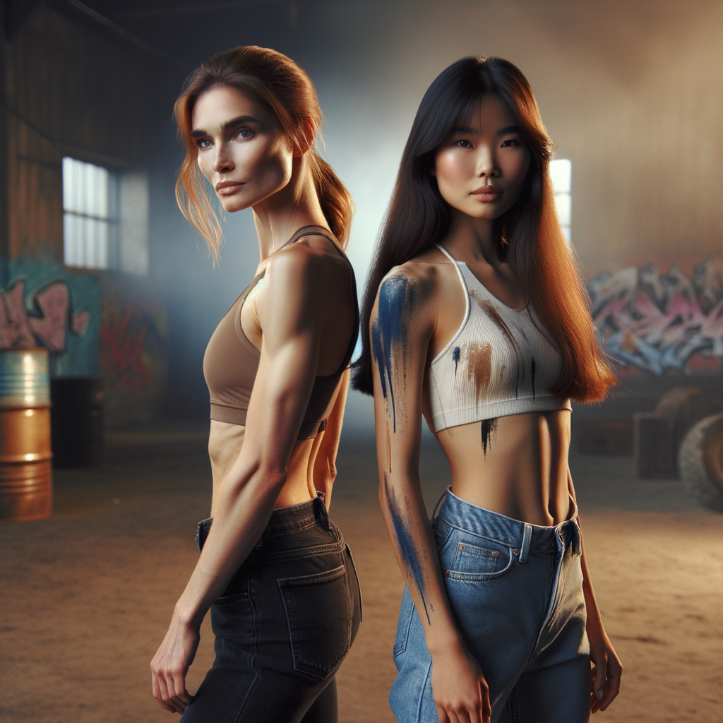 Athletic Thin skinny Attractive, Asian teenage girl, long brown hair and bangs, wearing tight skinny jeans and a halter top paint marks on her clothing, heroic pose Asian graffiti background, backside view