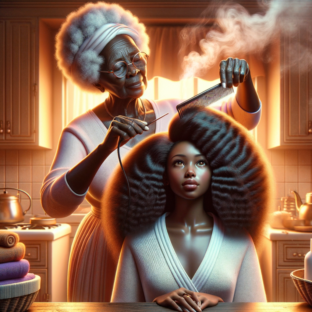 Create a realistic 3-D image of an african-American grandmother in the kitchen with her african-American granddaughter. The grandmother has a hot comb in her hair and she is straightening her granddaughters hair. One side of her granddaughters hair is in  a Afro the other is bone straight 
There is smoke coming from the hot comb