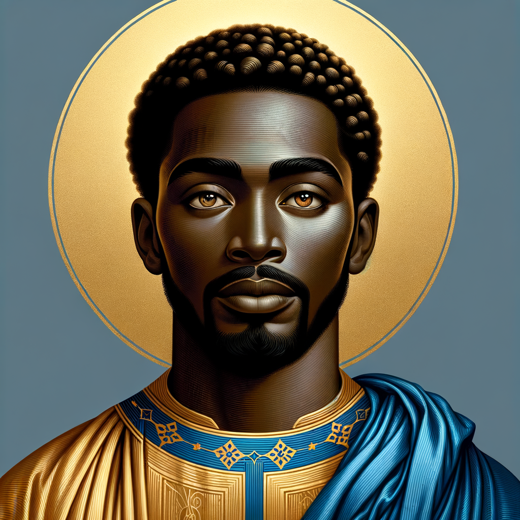 Create a beautiful African-American Jesus Christ with Hazel, brown eyes and blue and gold robe