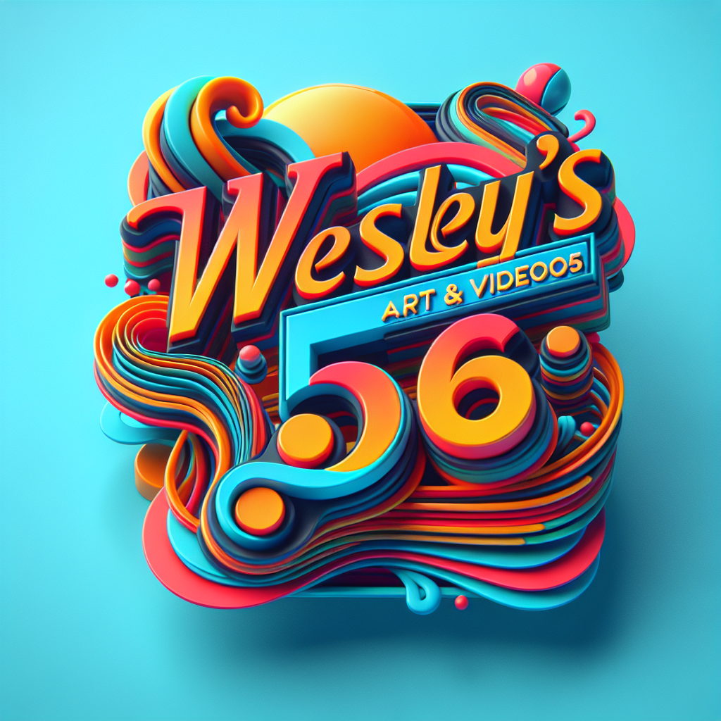 Create a 3D animated logo for "Wesley's Art & Videos56" ensuring the name is spelled correctly. Incorporate dynamic kinetic typography and a lively color scheme to reflect the brand's vibrant and flexible approach to multimedia content creation. The logo animation should capture a fusion of artistic flair and high-quality digital media expertise, resulting in an engaging and visually appealing design.