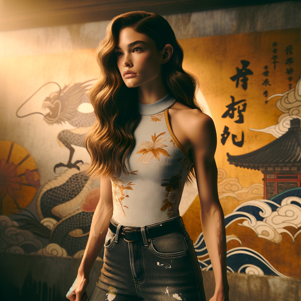 Athletic Thin skinny Attractive, Asian teenage girl, long brown hair and bangs, wearing tight skinny jeans and a halter top paint marks on her clothing, heroic pose Asian graffiti background, side view