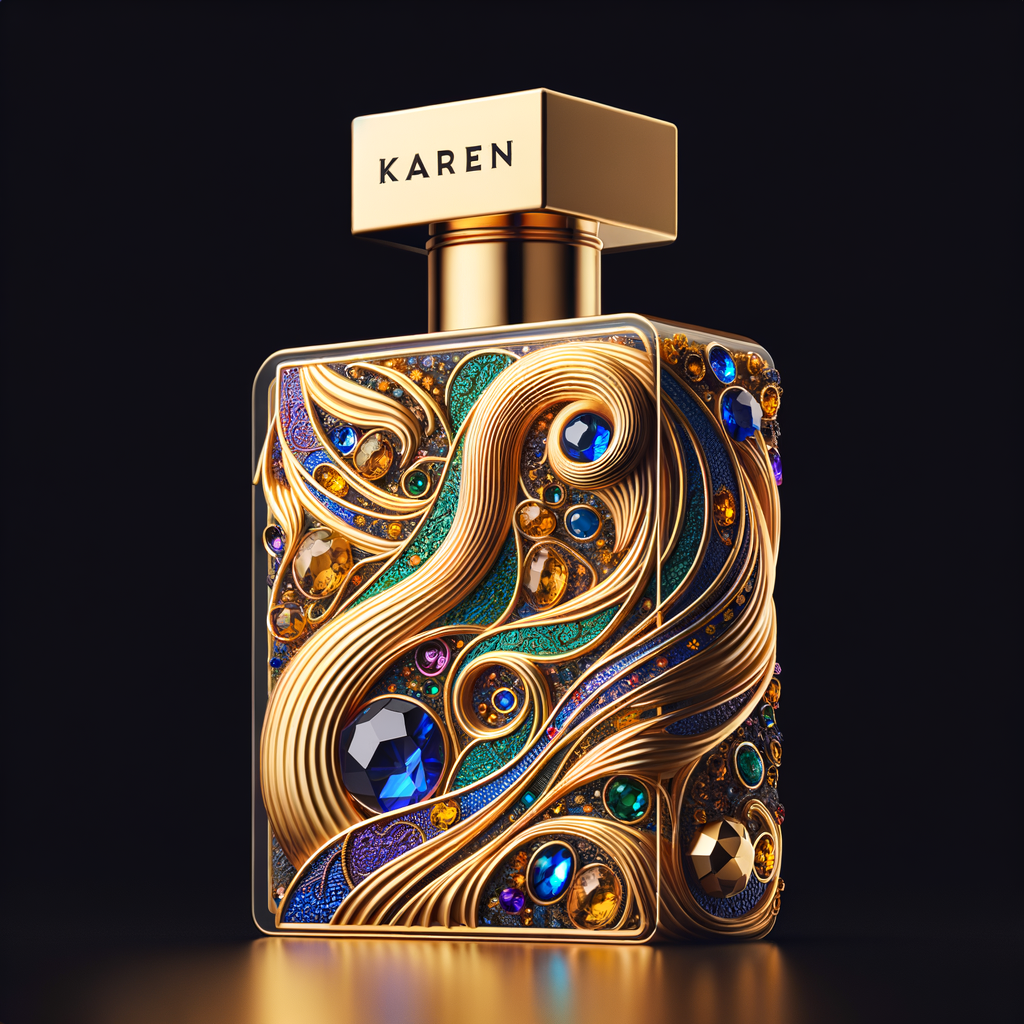 Create a 3-D realistic gold and  blue, colorful jewels perfume bottle
In the shape of a women’s body with the name Karen