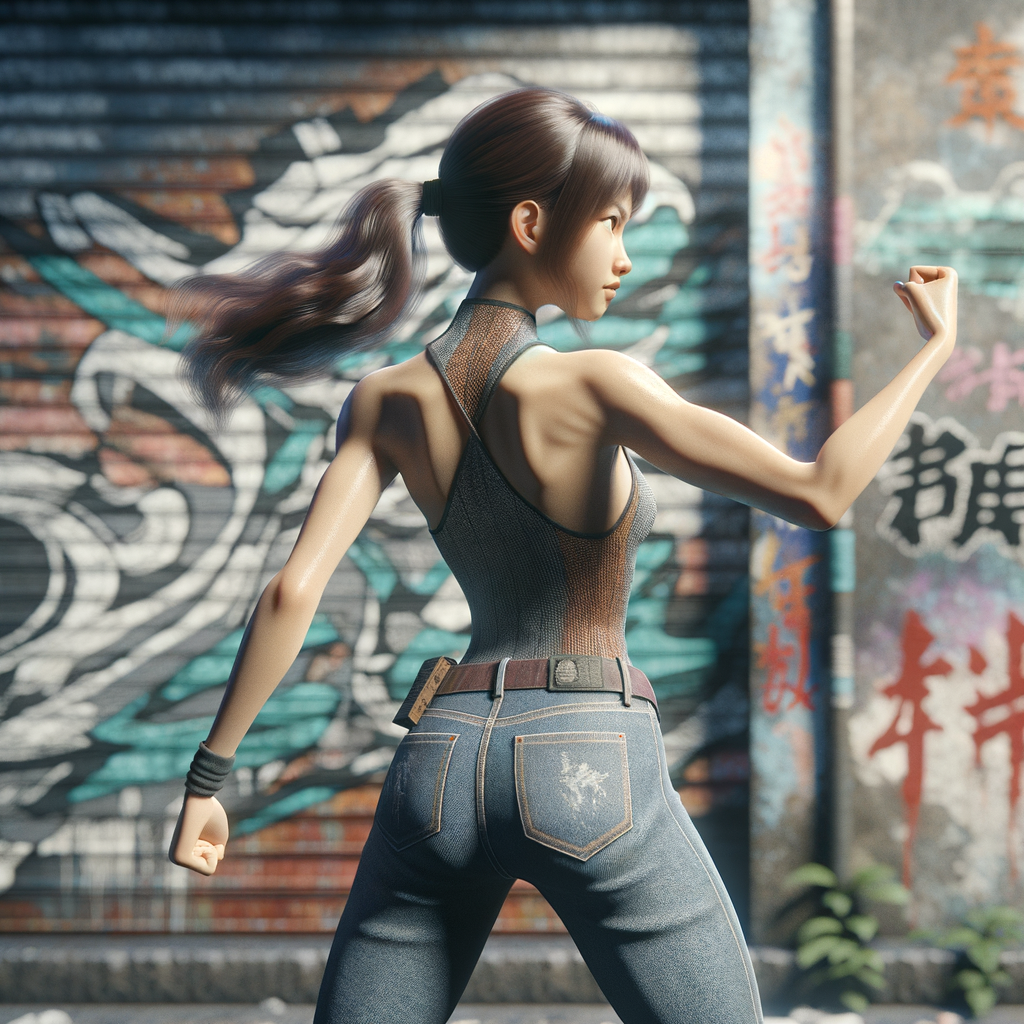 Athletic Thin skinny Attractive, Asian teenage girl, long brown hair and bangs, wearing tight skinny jeans and a halter top paint marks on her clothing, heroic pose Asian graffiti background, backside view