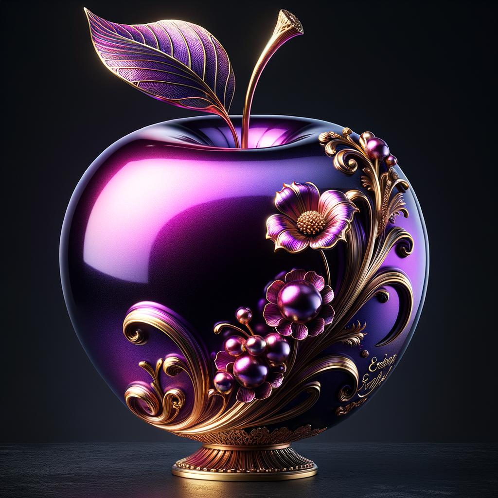 Envision a lustrous, oversized apple with a surface that gleams in a radiant shade of purple, as if lacquered to a high shine, reflecting light from its smooth, curvaceous form. The apple is adorned with elegant gold leaf patterns that swirl luxuriously around its contour, bringing a baroque opulence to its appearance. The stem, a bronzed sculpture in itself, supports a single leaf that seems to glow with an inner luminescence. At the apple’s base, a collection of flowers blooms, their petals softening the scene with organic shapes and colors that harmonize with the vibrant purple and gold. Incorporated into the metallic filigree in an artful script is the name "Karen," as if the apple were personally inscribed, enhancing the custom and bespoke quality of the piece.