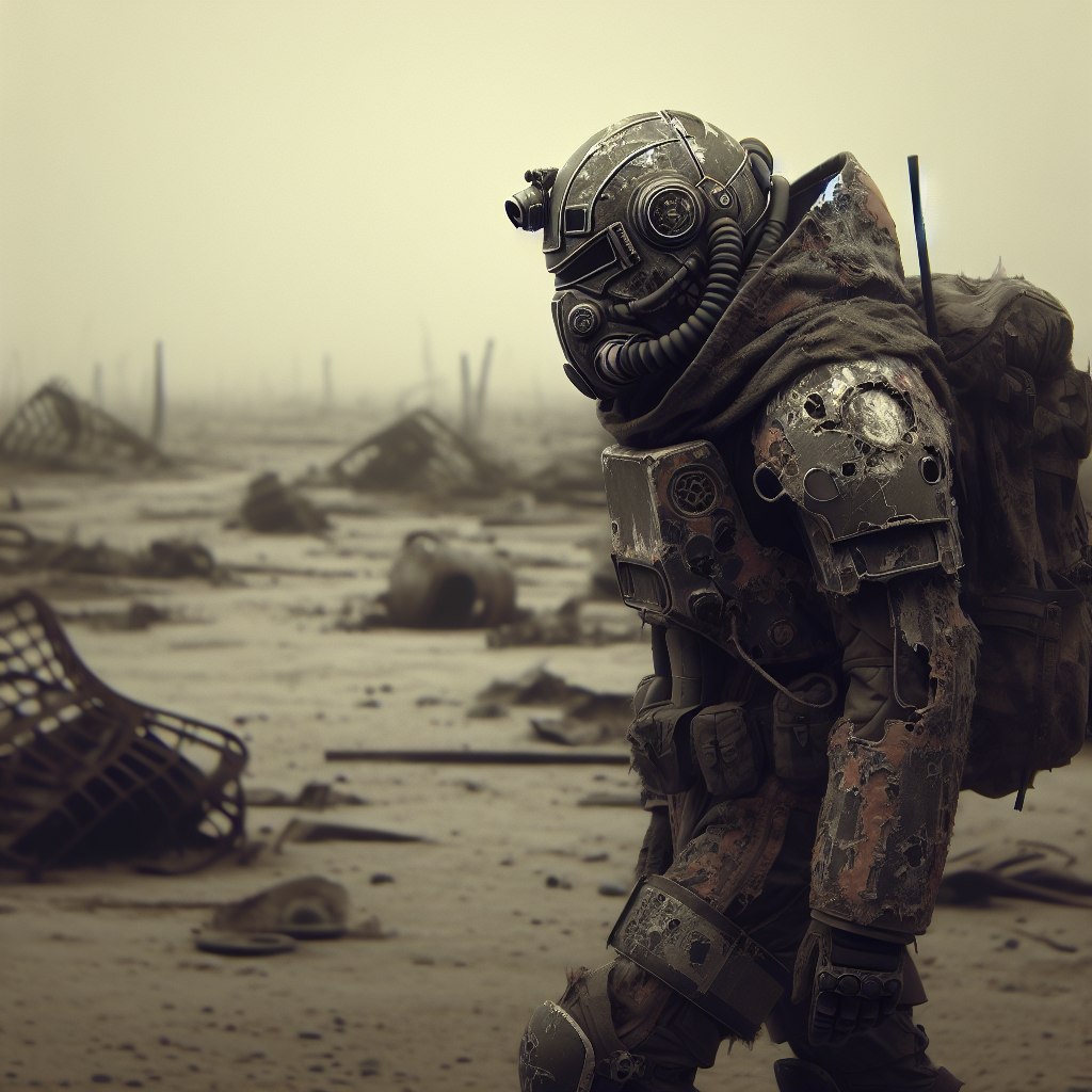 A lone wanderer in tattered, futuristic armor walking through a barren wasteland with scattered debris and a faintly glowing, cracked helmet