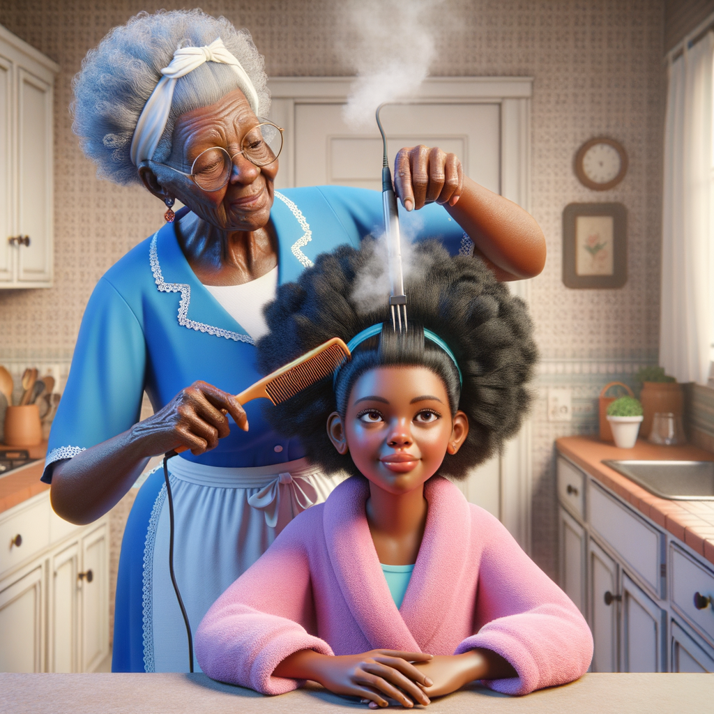 Create a realistic 3-D image of an african-American grandmother wearing a blue house dress and a white apron . She is in the kitchen with her african-American granddaughter. Her granddaughter is wearing a pink bath robe. The grandmother has a hot comb in her hand and she is straightening her granddaughters hair. One side of her granddaughters hair is in  a Afro the other straight 
There is smoke coming from the hot comb
The granddaughter is making a face