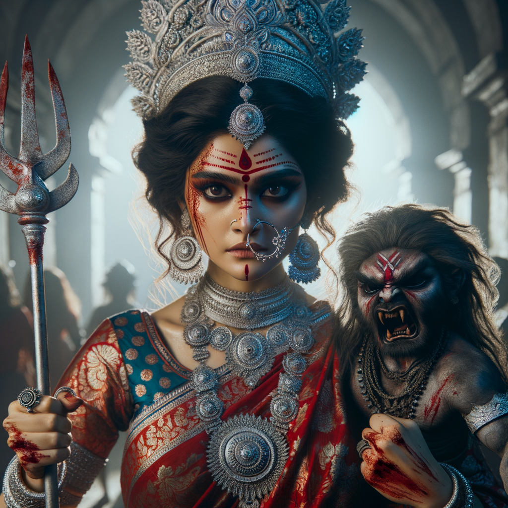 photograph of angry looking, gorgeous goddess durga cosplayer carrying a weak mahishasur in her two arms. She is wearing a huge silver crown, red saree, abundant silver jewelry, covered in blood. The scene is set in ancient India. The image is 8K resolution, cinematic, ultra detailed face and epic.