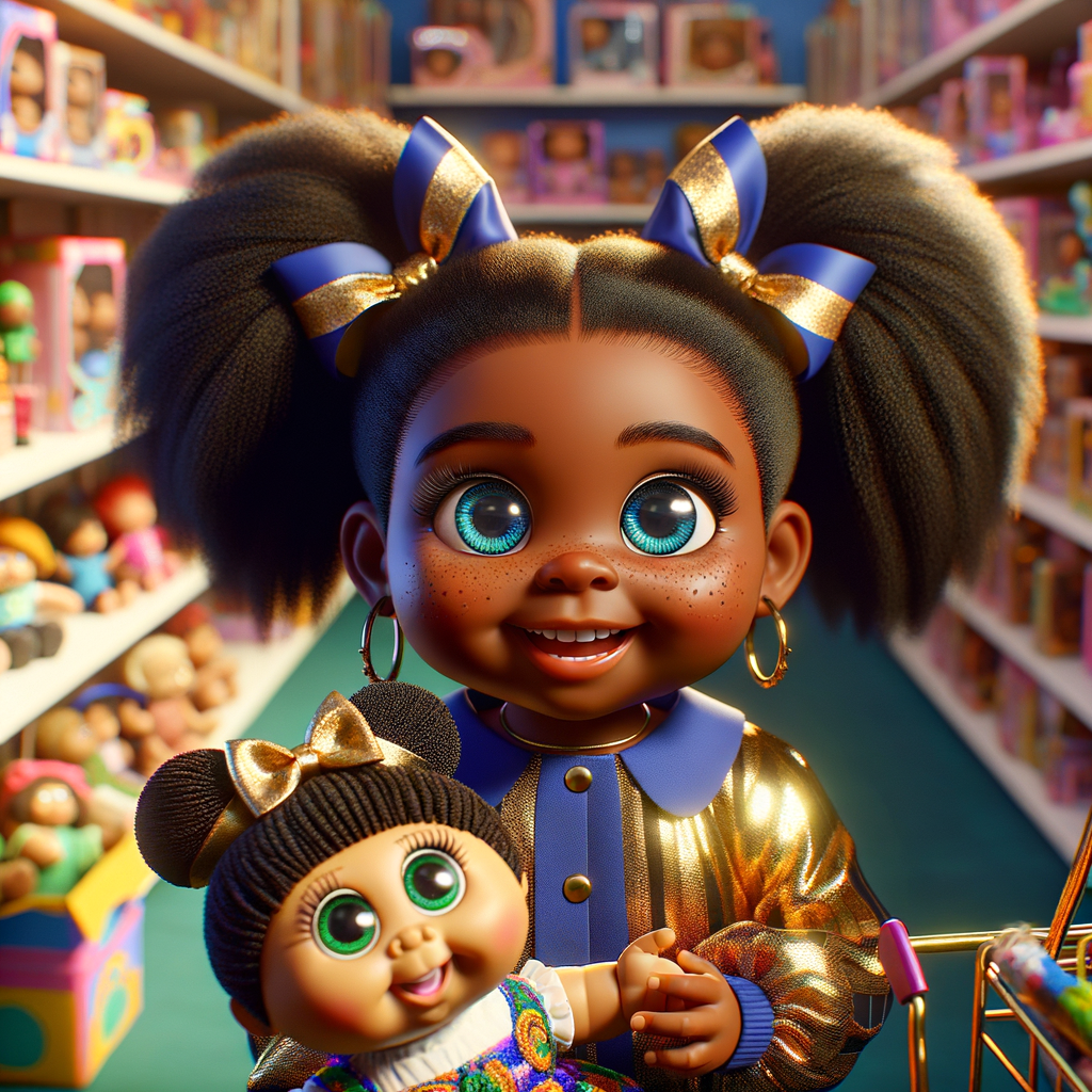 Create a 3-D image of an african-American little girl inside of a medium size, toy store. The little girl has thick long, ponytails and huge blue eyes. She has on a gold and blue jumpsuit with matching bows, She is playing with her favorite african-American cabbage patch doll, the doll has deep, dimples, and freckles and looks just like her