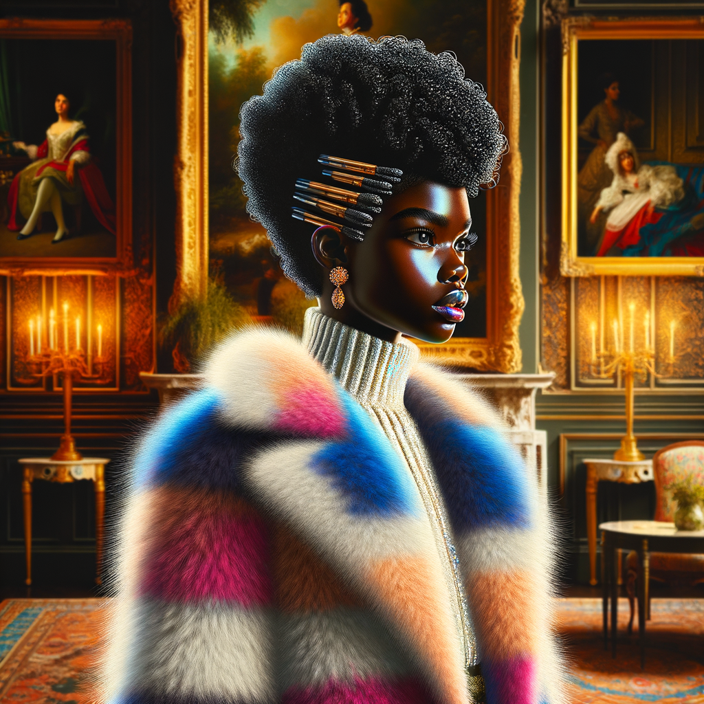 a full body veiw of a colorful gloss hyper realistic oil painting of a regal beautiful light skinned afro  American girlwith beautiful pixie cut one side of hair is black and the other side  of her hair white slick baby hair and furry white and pink and blue furry coat and outfit under the coat standing in living room with fireplace