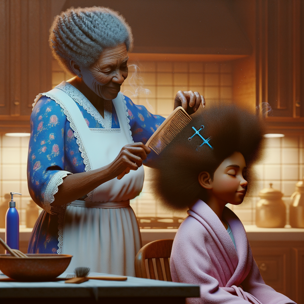 Create a realistic 3-D image of an african-American grandmother wearing a blue house dress and a white apron . She is in the kitchen with her african-American granddaughter. Her granddaughter is wearing a pink bath robe. The grandmother has a hot comb in her hand and she is straightening her granddaughters hair. One side of her granddaughters hair is in  a Afro the other straight 
There is smoke coming from the hot comb
The granddaughter is making a face