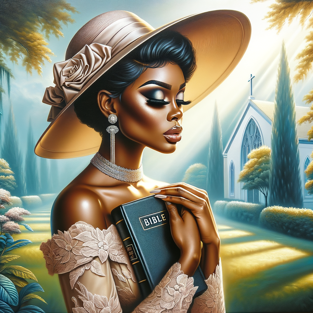 Render an airbrush oil painting of an African American woman with flawless makeup in a
contemplative pose, holding a Bible close to her heart, dressed in an elegant Sunday Best
outfit with a distinctive Church Hat. The background features a peaceful church garden,
with light filtering through the trees, highlighting her spiritual connection and the personal
moment of reflection. The artwork should capture the tranquility of the scene, the beauty
of her attire, and the depth of her contemplation, reflecting a serene and spiritually