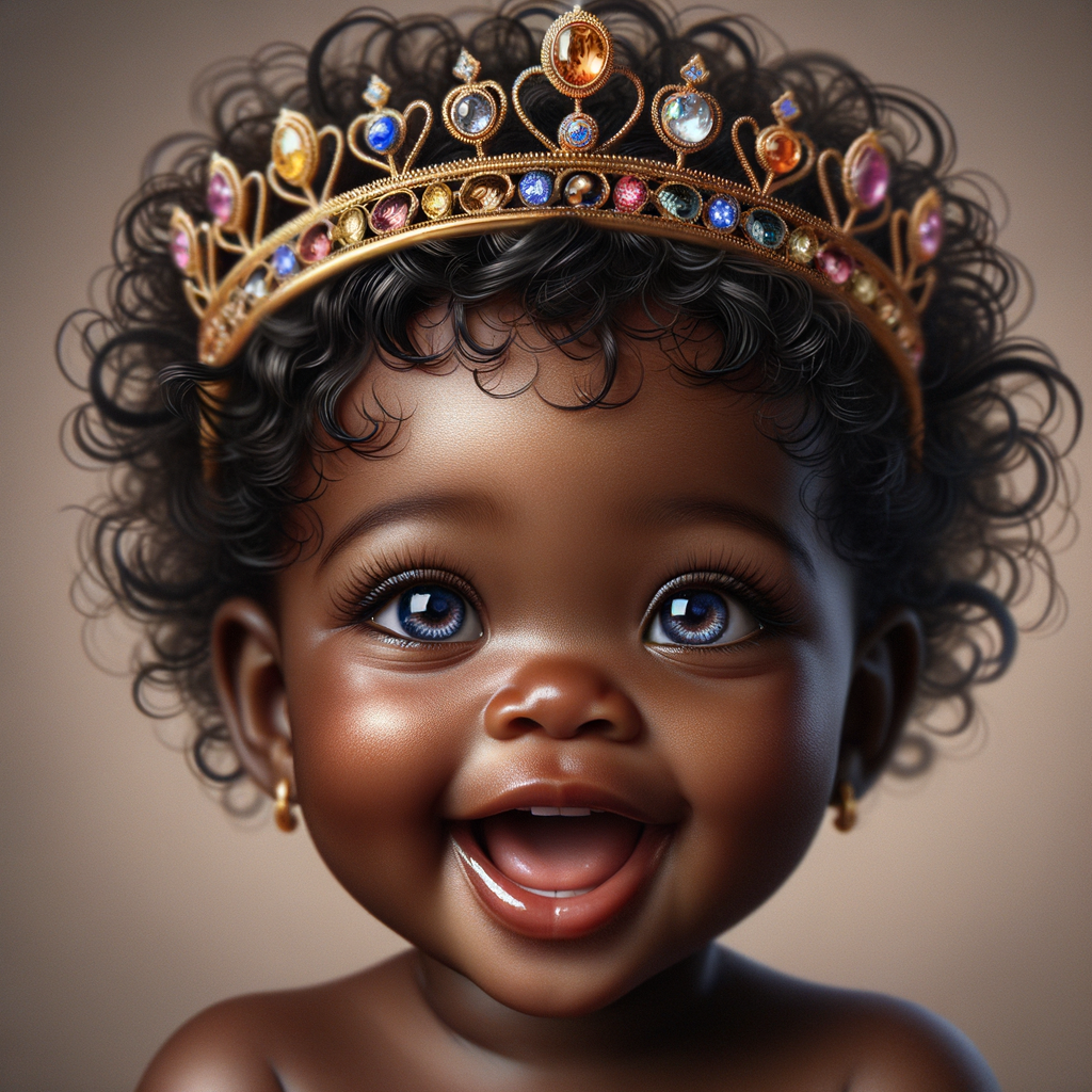 "Create a digital portrait of an adorable african-American baby girl with a joyful expression. She is wearing a gold crown with colorful jewels. Her big, bright blue eyes are wide with wonder, and her tiny mouth is shaped in a happy grin. Her skin has a warm, honey-brown tone, and she has an abundance of thick curly black hair, The background is soft and neutral to keep the focus on her delightful features. The portrait should be vibrant and heartwarming, celebrating the innocence and charm of childhood."