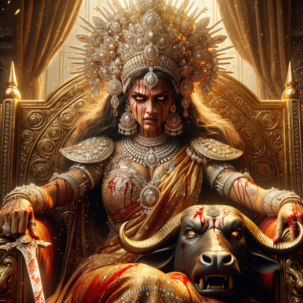 portrait of angry looking goddess durga, sitting on a gold crown and carrying a weak mahishasur on her lap. She is wearing diamond armor, a huge diamond crown, red saree, abundant diamond jewelry, covered in blood. The scene is set in ancient India. The image is 8K resolution, cinematic, ultra detailed face and epic.