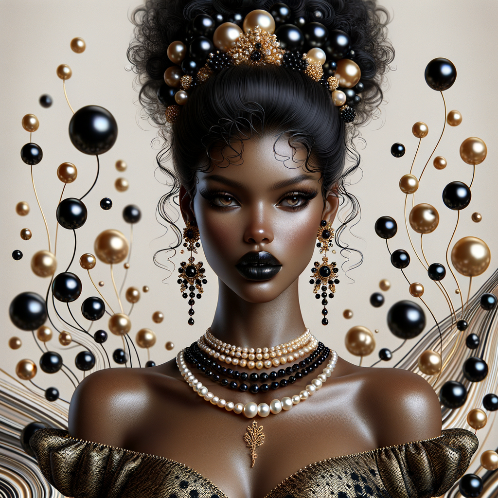 Imagine a digital portrait of a light skinned African-American Latino regal woman named KAREN Her attire and accessories are exclusively adorned with black and gold pearls. They grace her voluminous hair, styled in an elegant updo, where the black pearls form the roots and the gold pearls create the stunning curls. Her ears boast chandelier earrings, with black pearls clustered at the top, transitioning to gold pearls that dangle with delicate grace. Around her neck, a tiered necklace cascades with strands of alternating black and gold pearls, reflecting a sophisticated contrast.

Her shoulders are draped with a luxurious off-shoulder gown, the fabric's weave incorporating intricate patterns formed by black and gold pearls. The gown's texture has a subtle sheen, suggesting a high-quality material with a pearlescent finish. As a centerpiece, a grand brooch sits at her collar, with a large gold pearl surrounded by an elaborate design of smaller black pearls.

The background of the portrait features an abstract composition of floating pearls, swirling in a dance of shadows and light, emphasizing the color theme of black and gold. The name "KAREN" is discreetly integrated into the lower right corner of the artwork, blending seamlessly with the design, as if it were a signature part of the jewelry ensemble. The overall effect is one of timeless elegance, a blend of modern design and classic beauty, all tied together by the luxurious palette of black and gold.