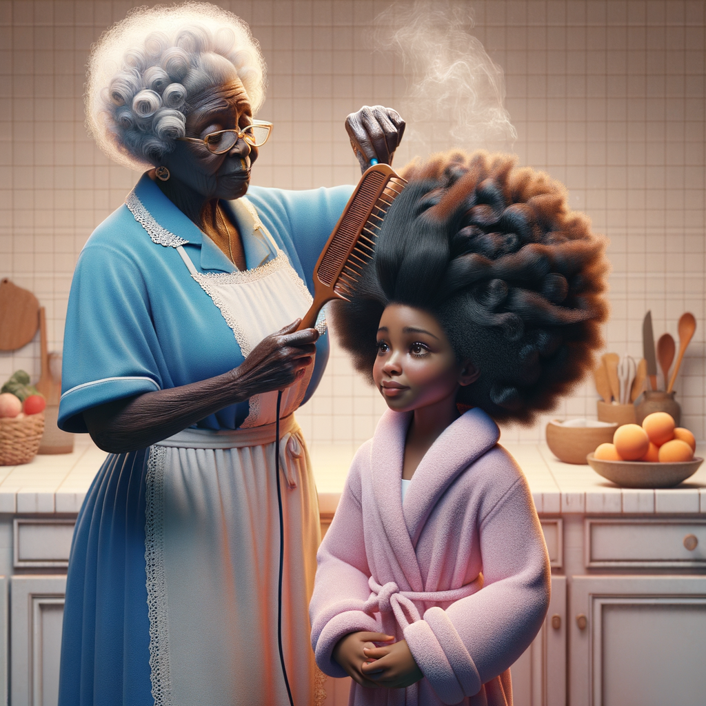 Create a realistic 3-D image of an african-American grandmother wearing a blue house dress and a white apron . She is in the kitchen with her african-American granddaughter. Her granddaughter is wearing a pink bath robe. The grandmother has a hot comb in her hand and she is straightening her granddaughters hair. One side of her granddaughters hair is in  a Afro the other straight 
There is smoke coming from the hot comb
The granddaughter is making a face