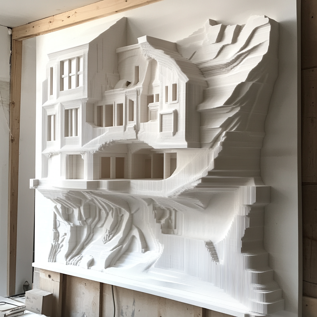 3D printed scale model of a house being displayed as art on a wall