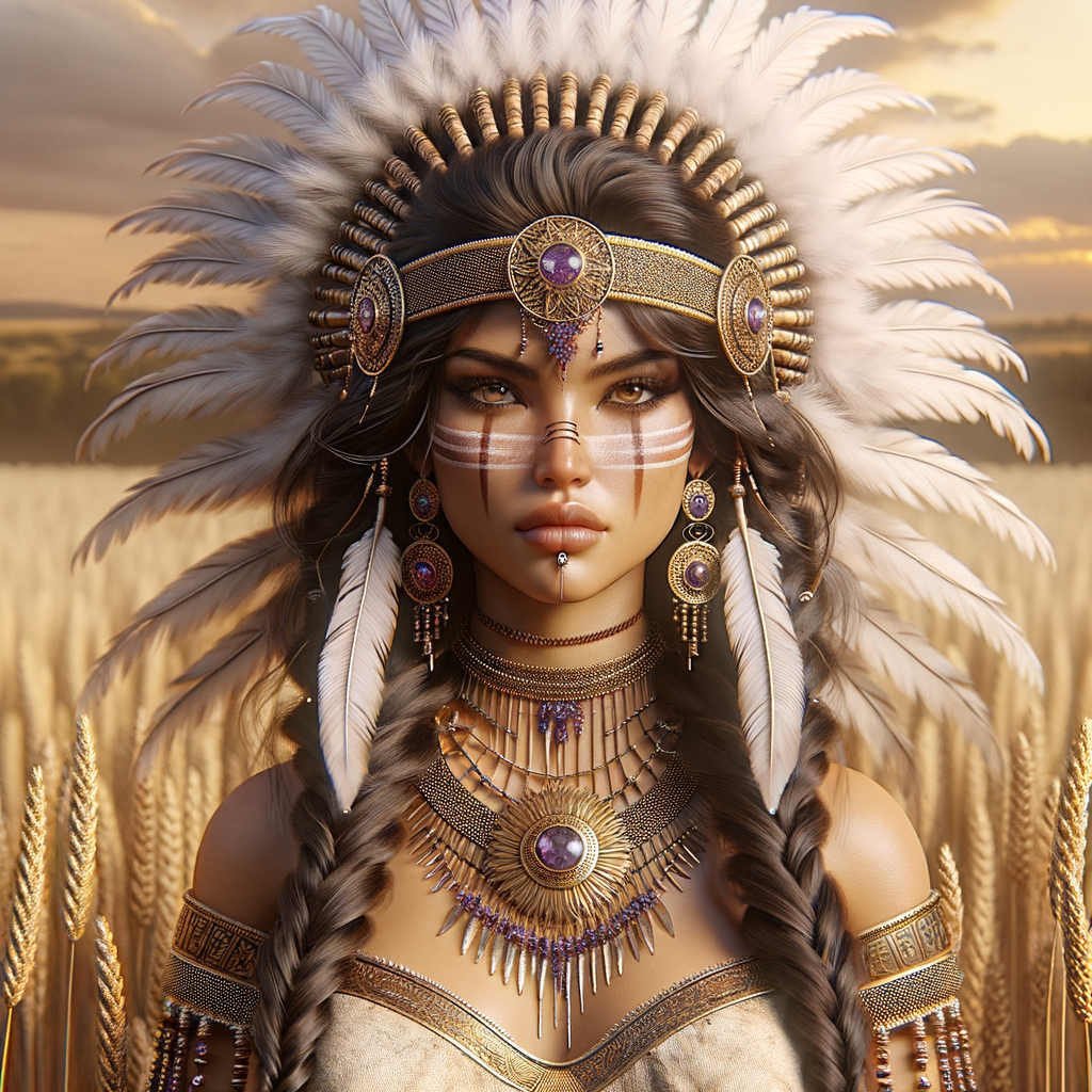 Create a 3-D beautiful, majestic Indigenous woman with a richly detailed headdress made of white feathers and beaded headband adorned with purple gems. Her dark brown hair is styled in long, thick braids that fall over her shoulders. She has face paint below her eyes and is adorned with elaborate golden jewelry, including a necklace with a prominent sun pendant, intricate chest armor, and dangling earrings with purple jewels. The background suggests a natural, earthy setting with hints of golden wheat, enhancing her regal and warrior-like presence."