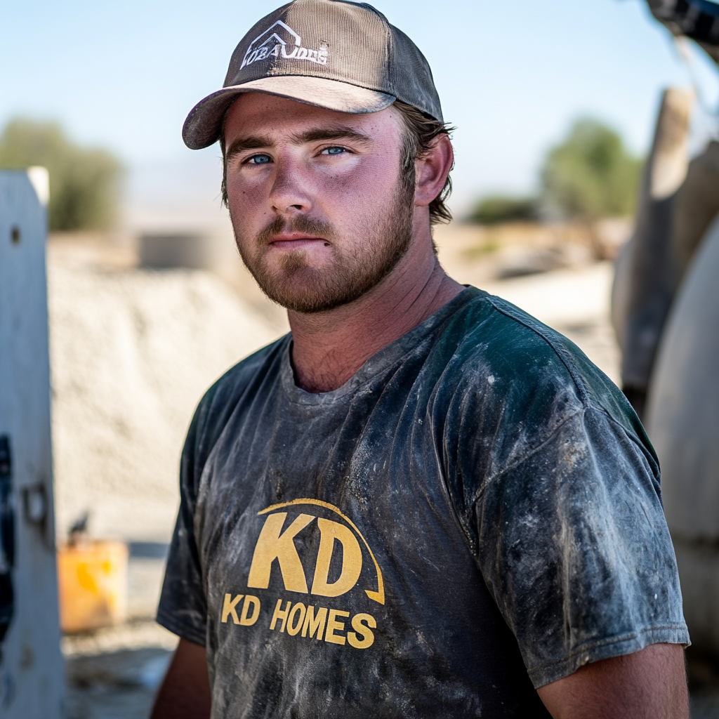 Brian Nobles a real 28 year old Caucasian male who is using  a concrete mixer, he is a  pump operator holding the hose which carries the liquid concrete to the foundation pour, Brian is slowly  beginning his transition into adult maturity , Brian Nobles is beginning to look like a grown man, he has large reflective blue eyes and a wrinkled brow,Brian is now balding , prominent large protruding round fat obese belly,,thick goatee beard, healthy muscle mass ,very noticeable male pattern balding hairline, Brian Nobles now has a  prominent receding and thinning male hairline (onset male pattern baldness), slightly fat overweight(Caucasian)wearing tight body conforming  glossy satin shiny green and gold tight fitting body conforming UnderArmour athletic bodysuit,emblazoned with the "KD HOMES" real estate logo, standing confidently in front of a newly completed constructed new KD HOME in Victorville California in a raw desert landscape. Brian has a protruding fat obese muscular physique, large male bulge, fat obese muscular frame , shows a substantial frame with a noticeable mature hairline and expressive eyes. His workman’s  pose should reflect his experience in his trade.