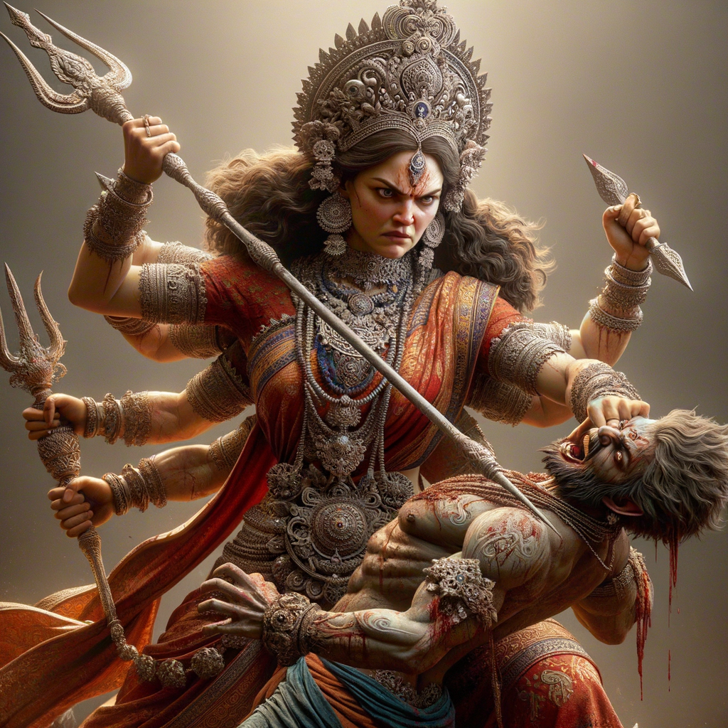 portrait of angry looking goddess durga  carrying a short mahishasur in her two arms and stabbing him with her amazingly designed trident. She is wearing a huge silver crown, red saree, abundant silver jewelry, covered in blood. The scene is set in ancient India. The image is 8K resolution, cinematic, ultra detailed face and epic.