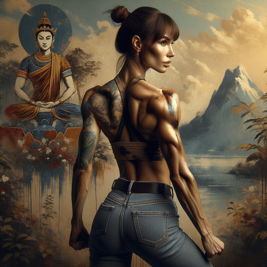 Athletic Thin skinny Attractive, Asian teenage girl, long brown hair and bangs, wearing tight skinny jeans and a halter top paint marks on her clothing, heroic pose Asian graffiti background, backside view