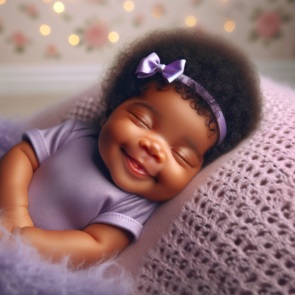 An adorable African American baby with a joyful expression, sleeping soundly and smiling. The baby has curly black hair adorned with a purple bow, and is wearing a snug, short-sleeved purple onesie. The baby rests on a soft, lavender blanket that provides a cozy atmosphere. In the background, there is a gentle bokeh effect with warm, glowing lights, evoking a peaceful and dreamy scene.