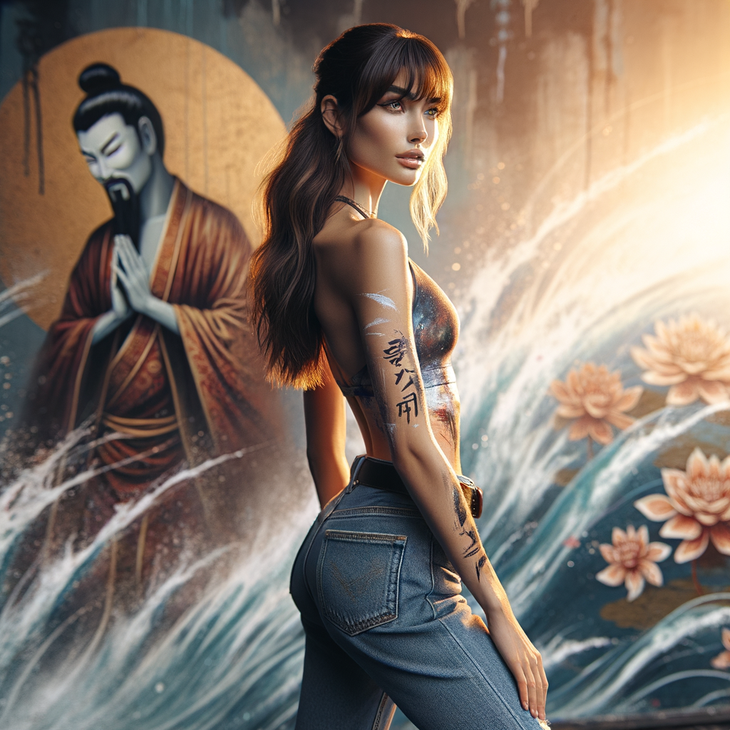 Athletic Thin skinny Attractive, Asian teenage girl, long brown hair and bangs, wearing tight skinny jeans and a halter top paint marks on her clothing, heroic pose Asian graffiti background, side view