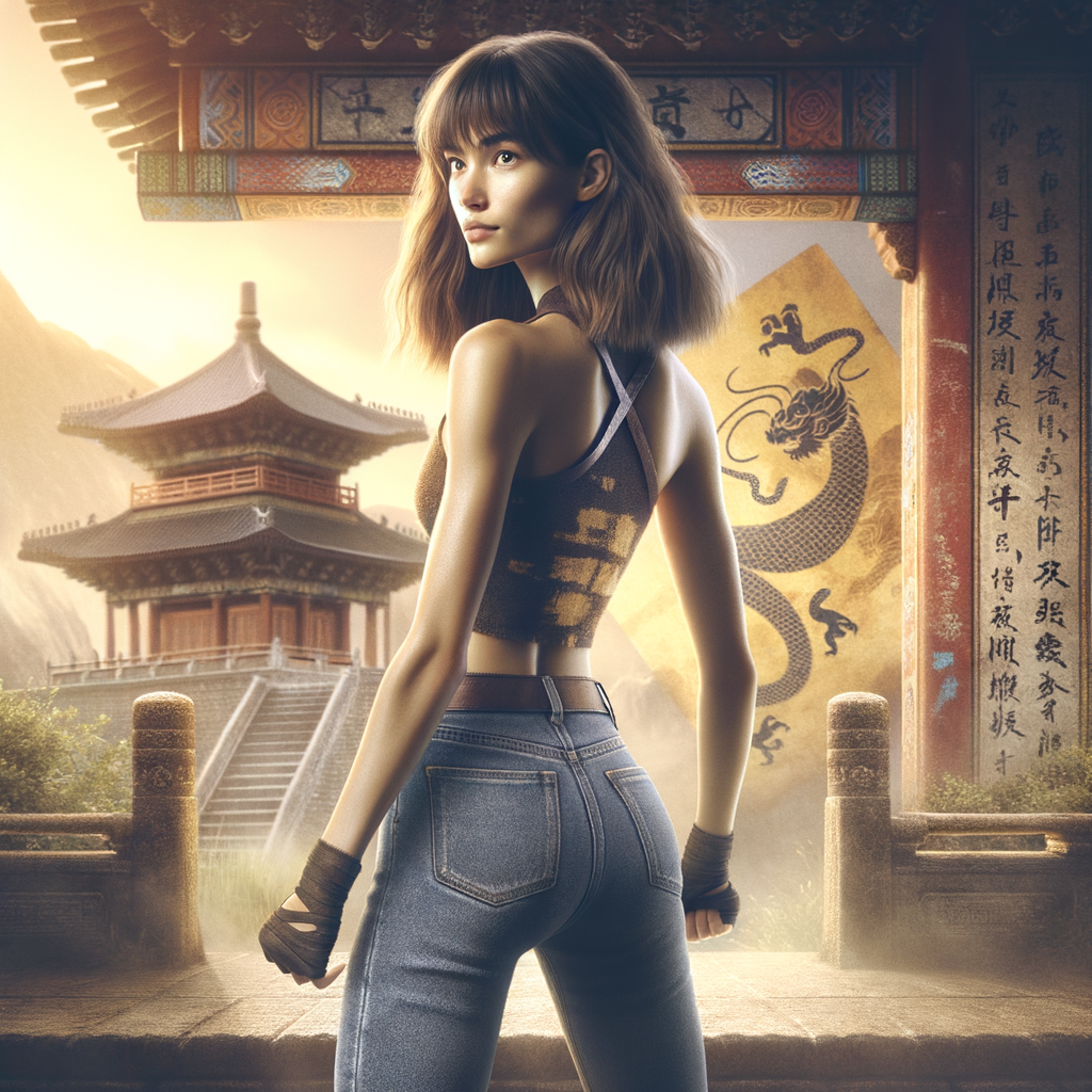 Athletic Thin skinny Attractive, Asian teenage girl, long brown hair and bangs, wearing tight skinny jeans and a halter top paint marks on her clothing, heroic pose Asian graffiti background, backside view